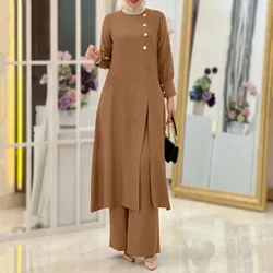 Women's Muslim Two Piece Set Fashion Elegant Solid Colour Irregular Long Shirt Top Wide Leg Pants Robe Abaya Muslim Woman Dubai