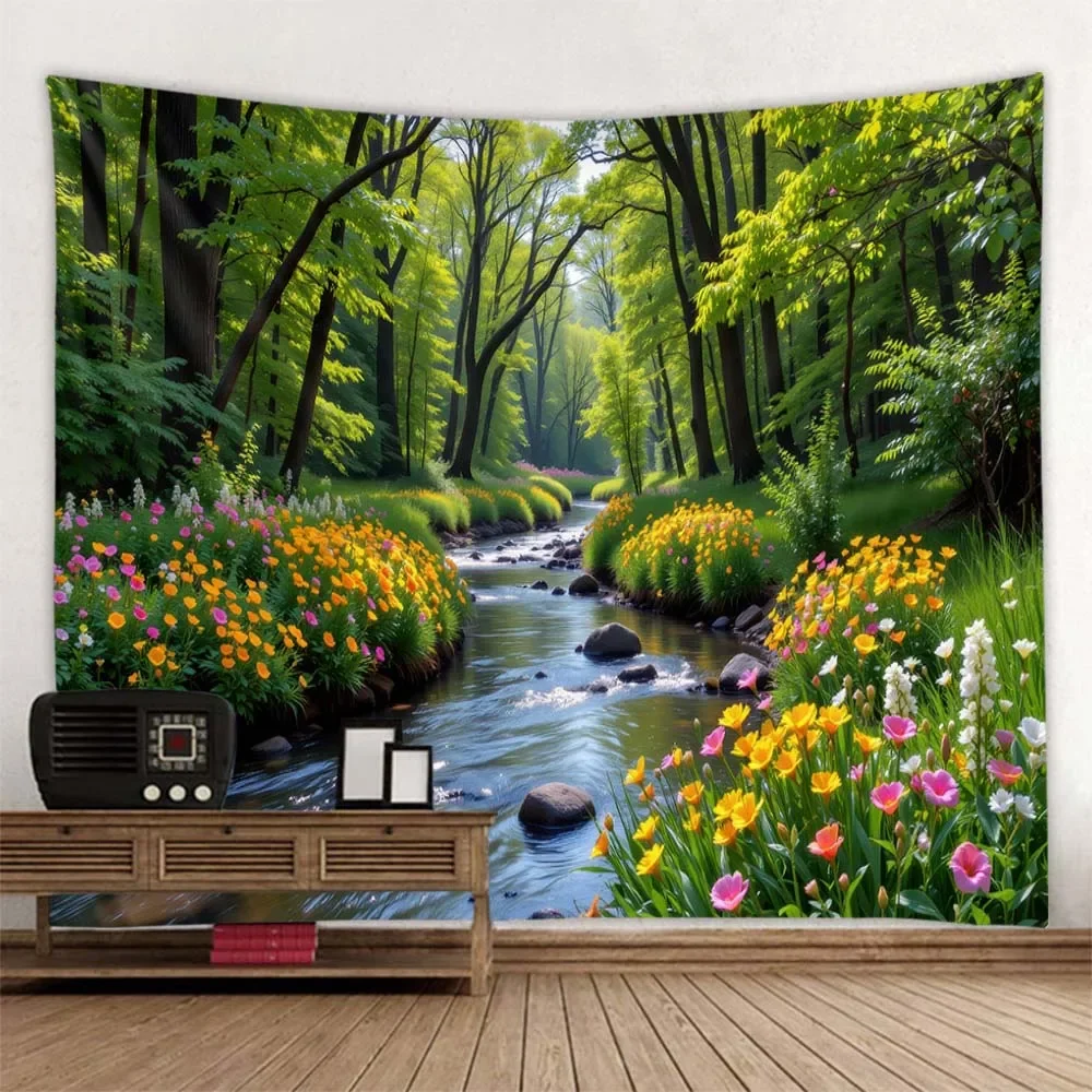 Jungle Creek Waterfall Polyester Tapestry Wall Hanging Decor Natural Landscape Artwork for Bedroom Living Room Home
