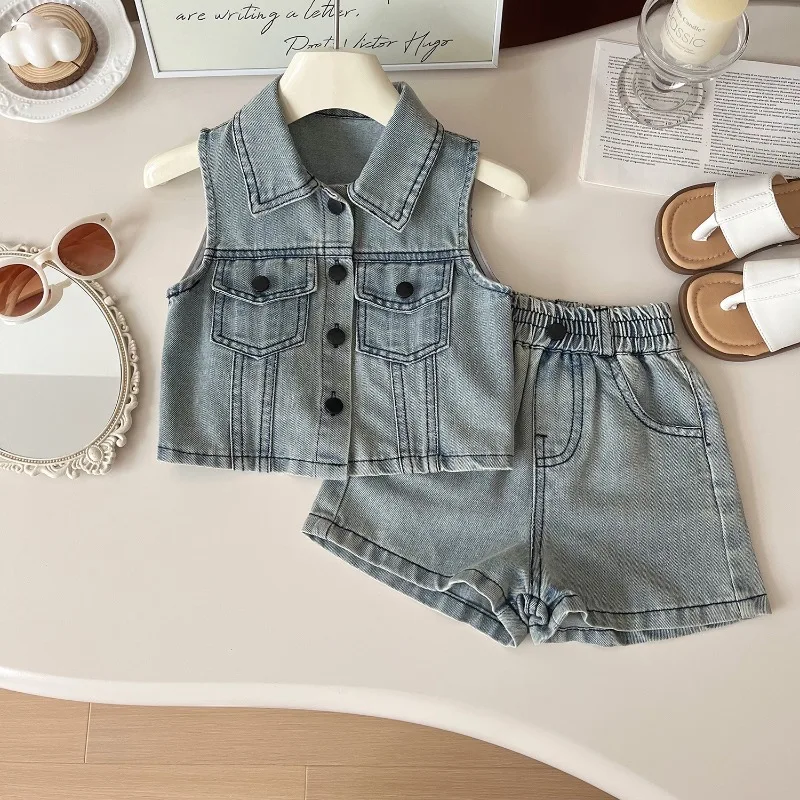 

Girls Clothes Set Summer Lapel Denim Shirt+Shorts Fashion Toddler Girl Casual Two Piece Sets Children Tracksuits 2 3 4 5 6 7Yrs