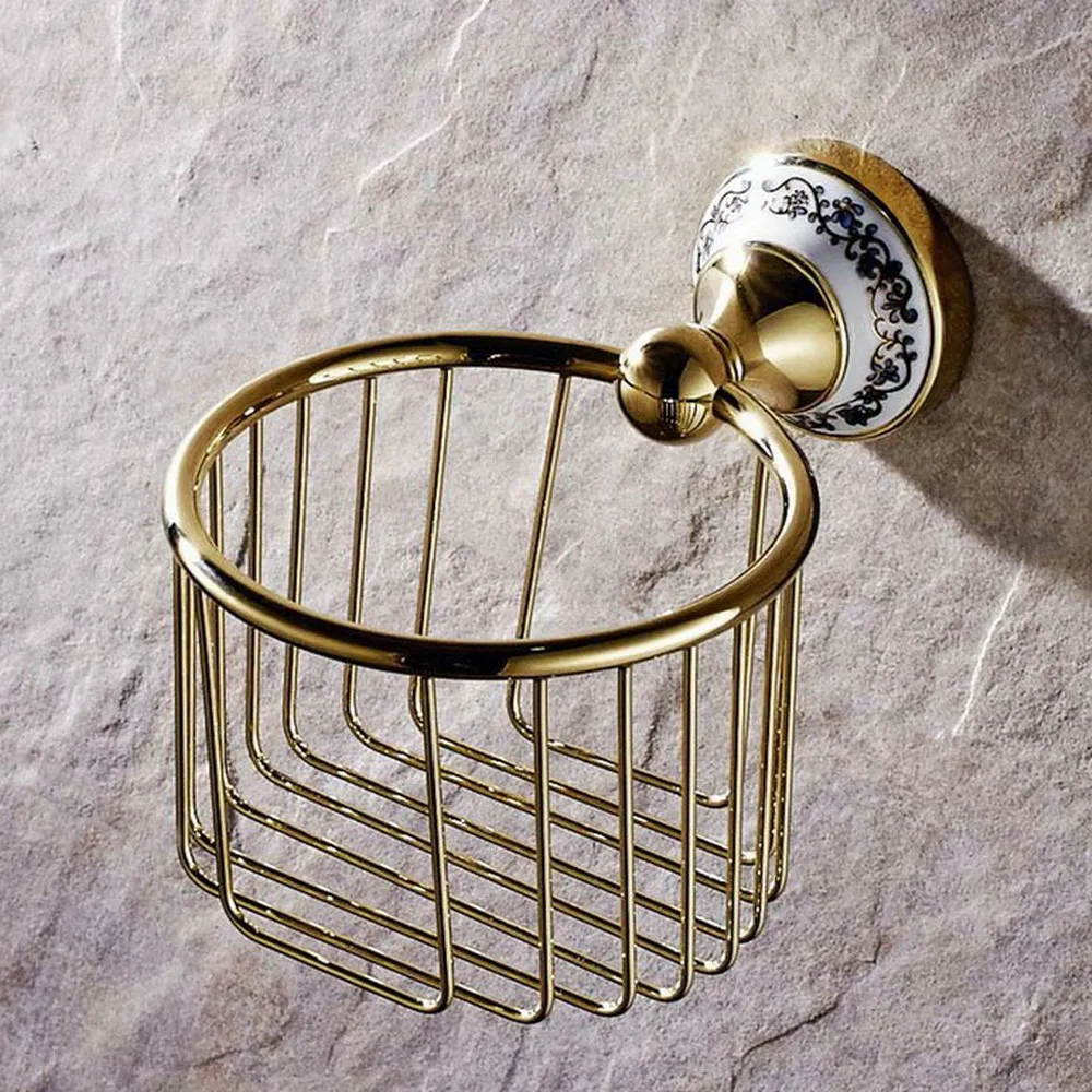 

Golden Brass Ceramic Base Bathroom Wall Mount Toilet Paper Roll Basket Holder 2ba257