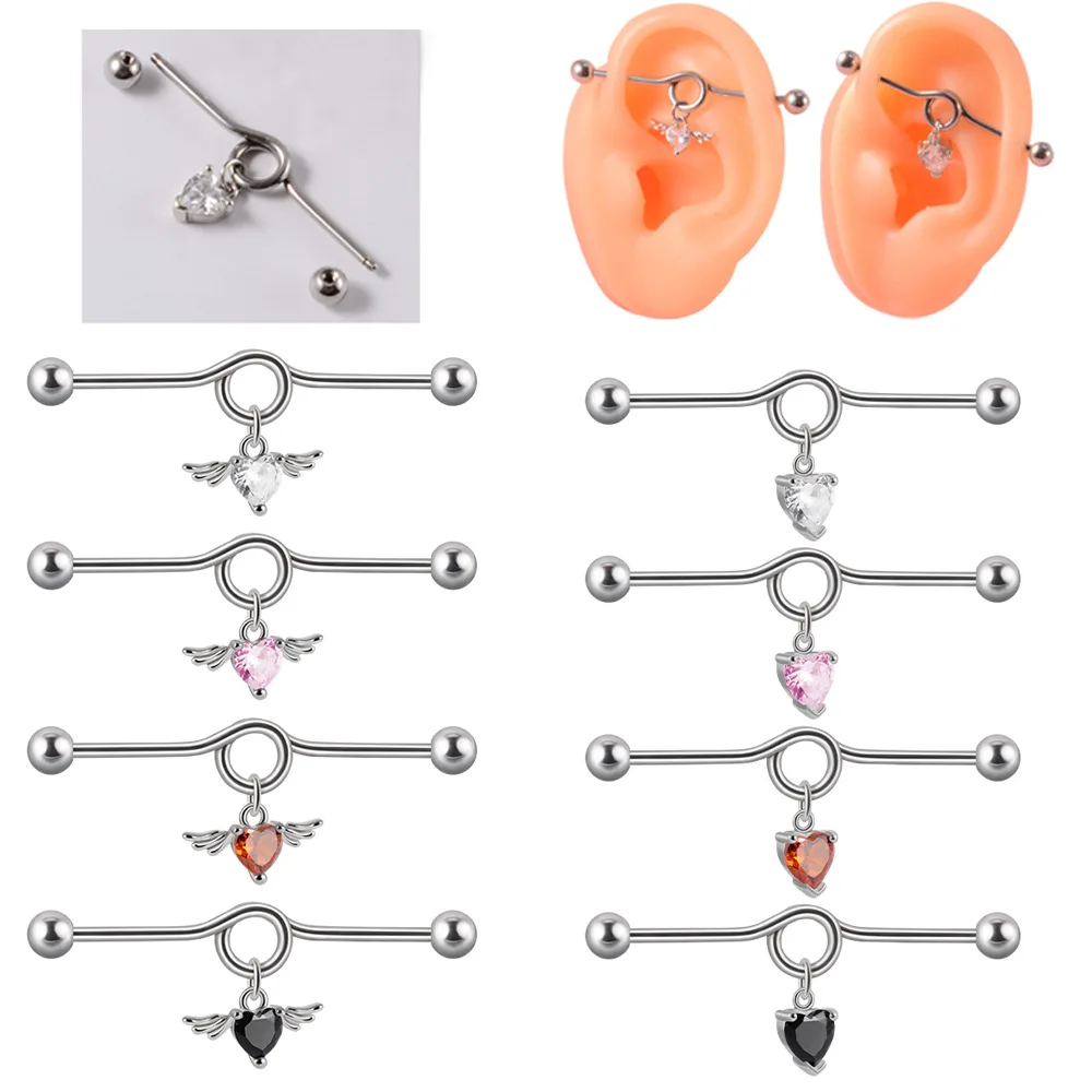 1pcs Crystal Heart Wing Industrial Barbell for Women Men Steel CZ Cartilage Helix Earrings Stud Body Piercing Jewelry Oreja