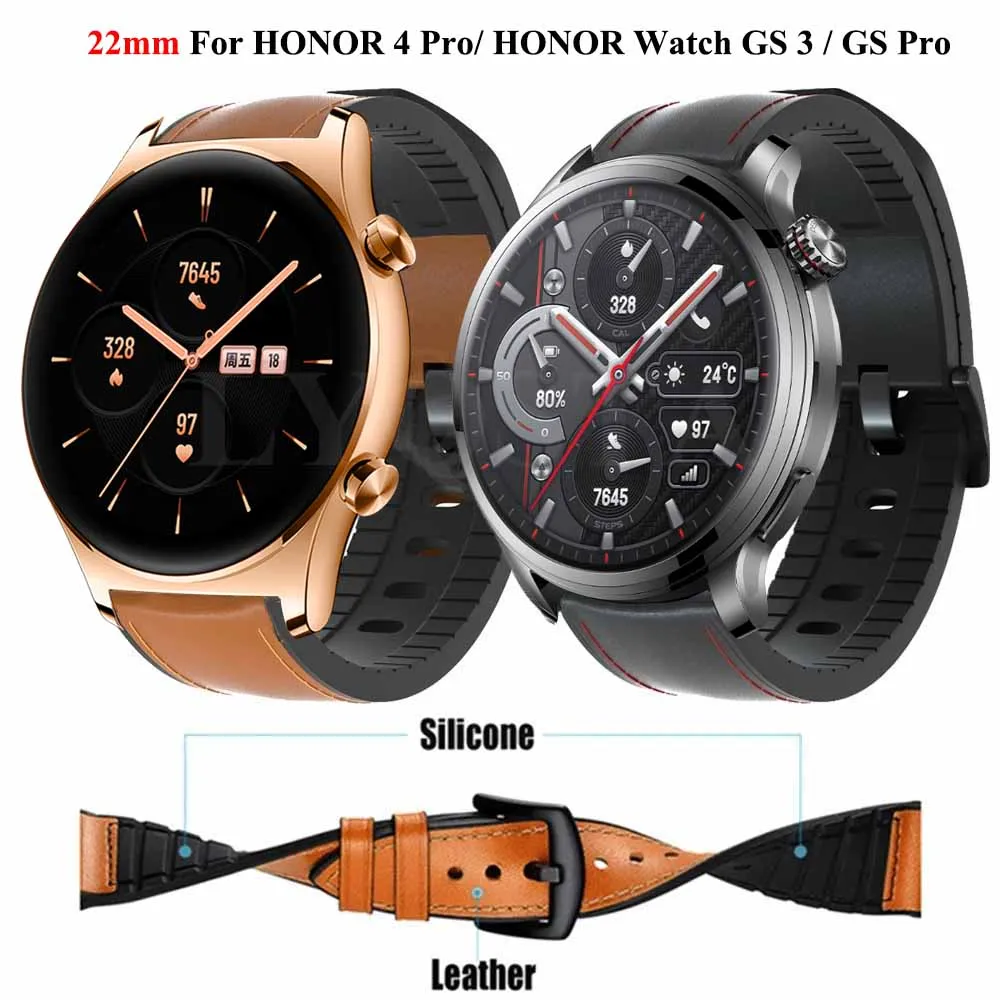 22mm Leather+Silicone Smartwatch Band For Honor GS Pro 4 Pro Magic Watch 2 46mm Strap Bracelet for Honor GS 3i GS 3 Wristbands