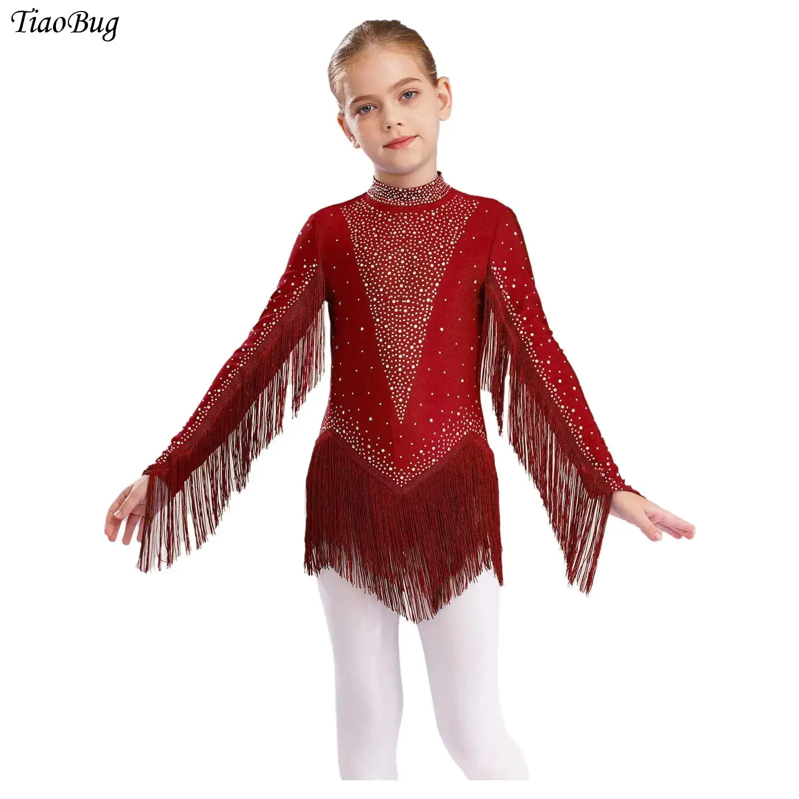 

Girls Tassels Latin Dance Leotard Mock Neck Long Sleeve Rhinestone Fringe Bodysuit Gymnastics Skating Tango Cha-Cha Dancewear