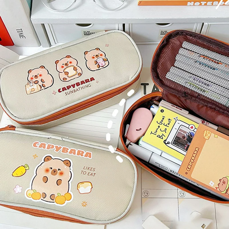Large Capacity Pen Bag Cartoon Capybara Canvas Pencil Case For Student Stationery Cosmetics Travel Storage Bag School Supplies