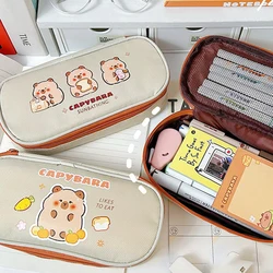 Large Capacity Pen Bag Cartoon Capybara Canvas Pencil Case For Student Stationery Cosmetics Travel Storage Bag School Supplies