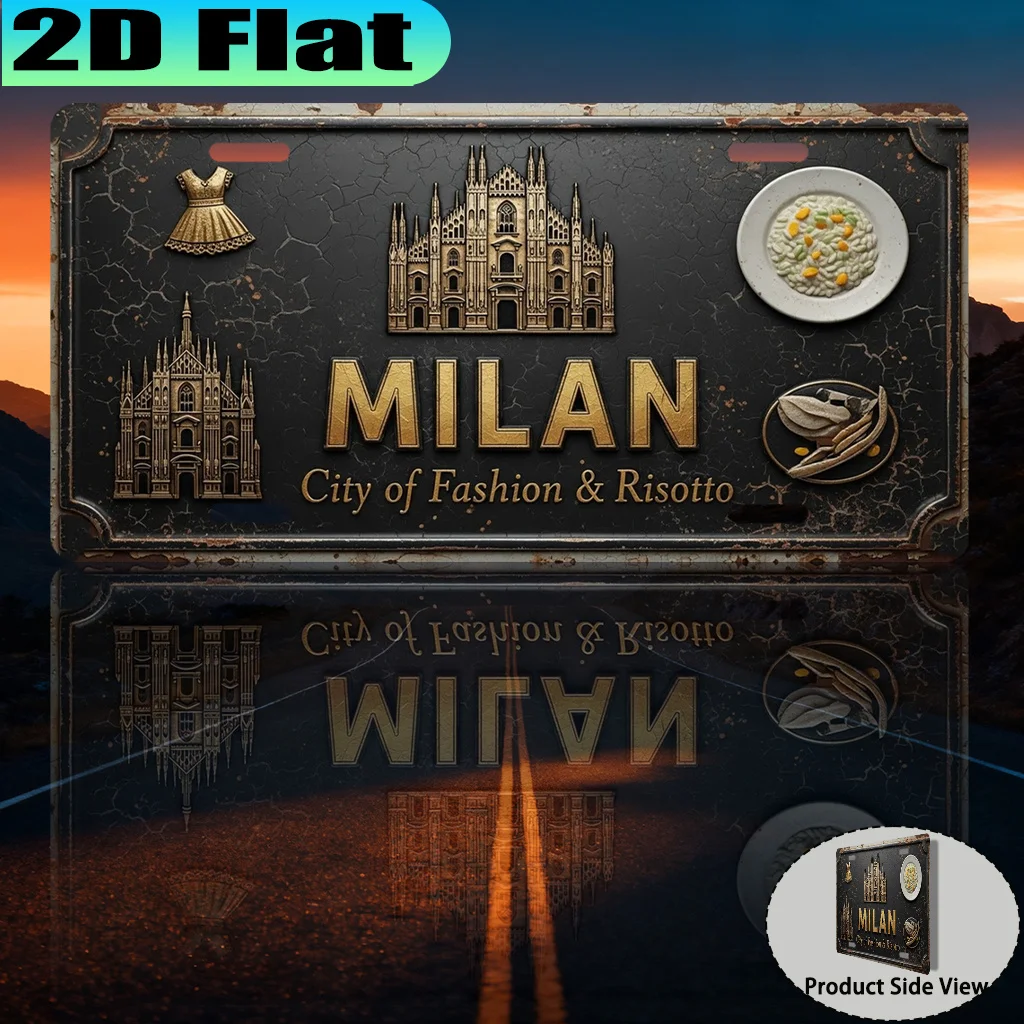 2D Flat - 【2D Flat】 2D Flat - [2D Flat] Une plaque en aluminium vintage (30,48 x 15,24 cm) représentant Milan, la ville de la mode et du risque