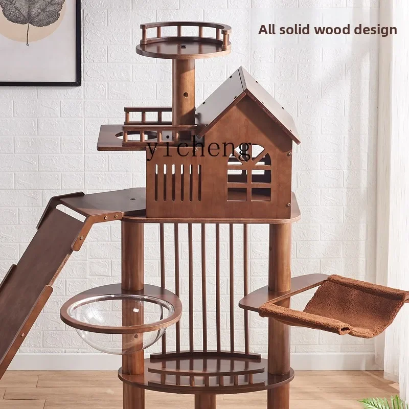 TWR Solid Wood Large Painted Cat Villa Integrated Cat Tower  Tree Space Bowl Cat House