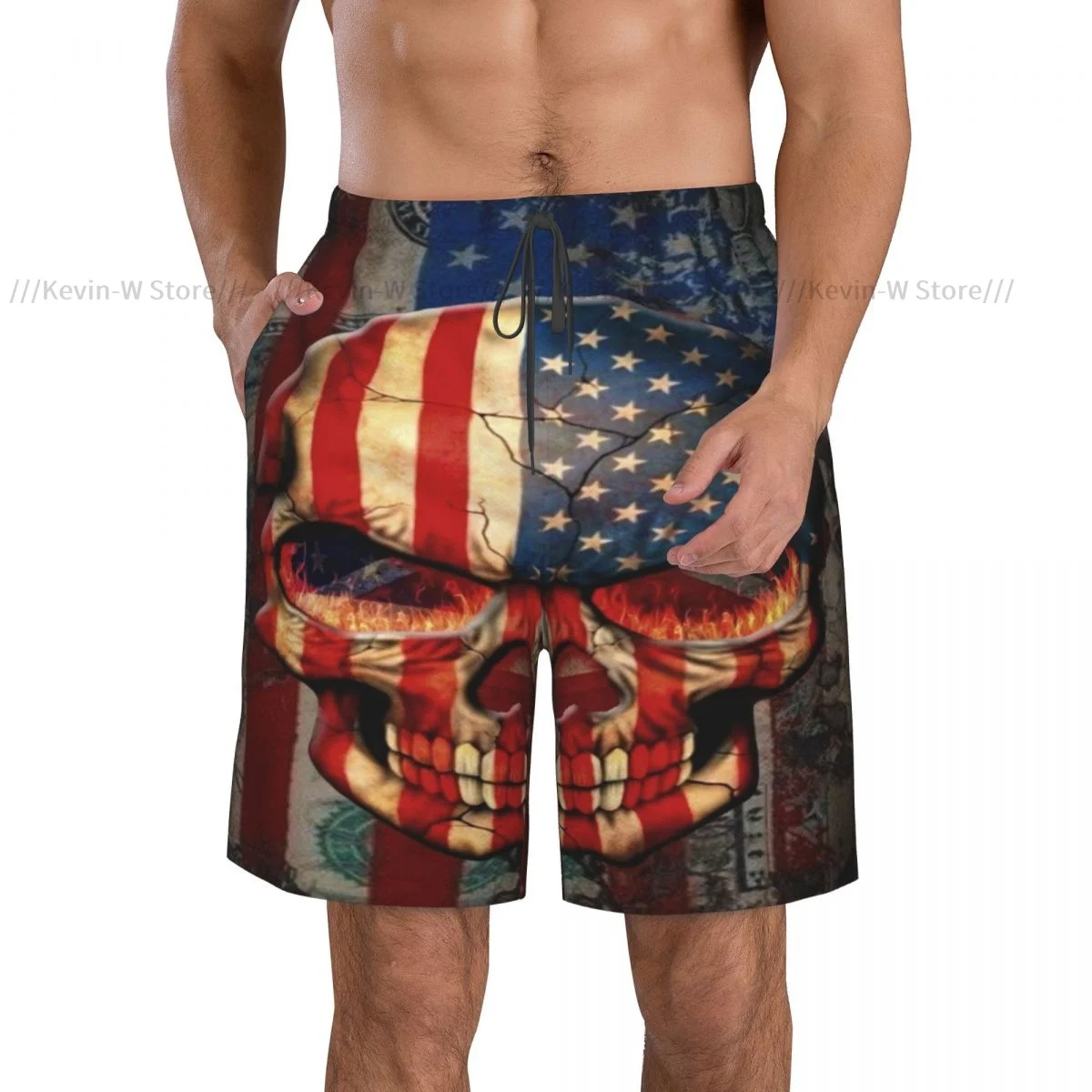 Summer Men Swimwear Breathable Quick Dry Trunks Skull Bones American Flags Beach Shorts for Running Training Surfing