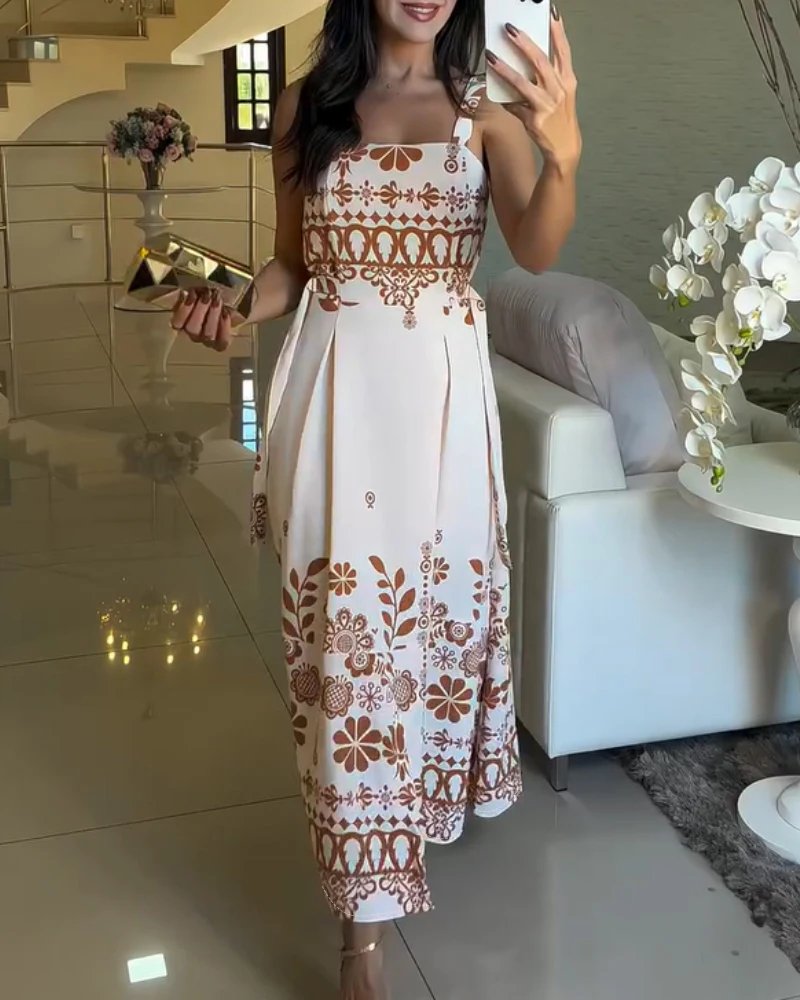

Women's Sweet Dress 2025 Spring Summer Latest Floral Print Square Neck Vacation Maxi Dress Casual Shirred Slit A Line Long Skirt