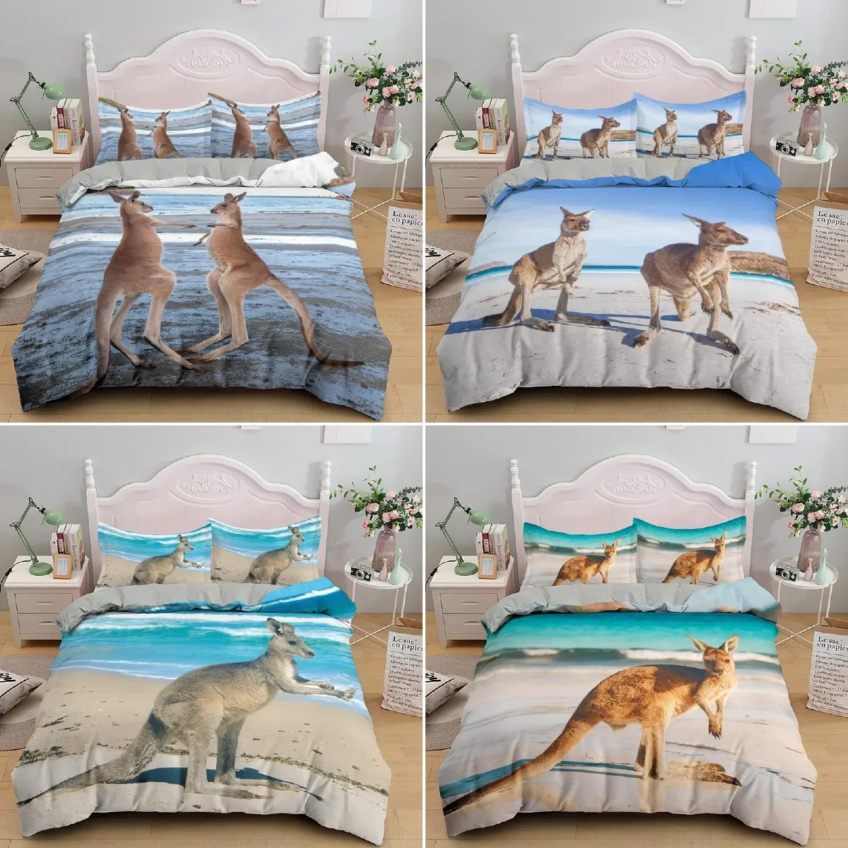 Kangaroo Duvet Cover King/Queen Size,Tropical Sea Beach Scenery Bedding Set For Kids Teens Adults,Blue Ocean Soft Duvet Cover