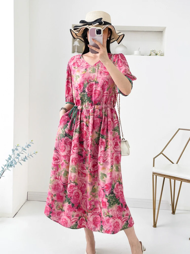 Summer New V-ne Slimming Large Size Artificial Silk Floral Print Dr Women's High Waist A-line Soft Breathable ort Sve