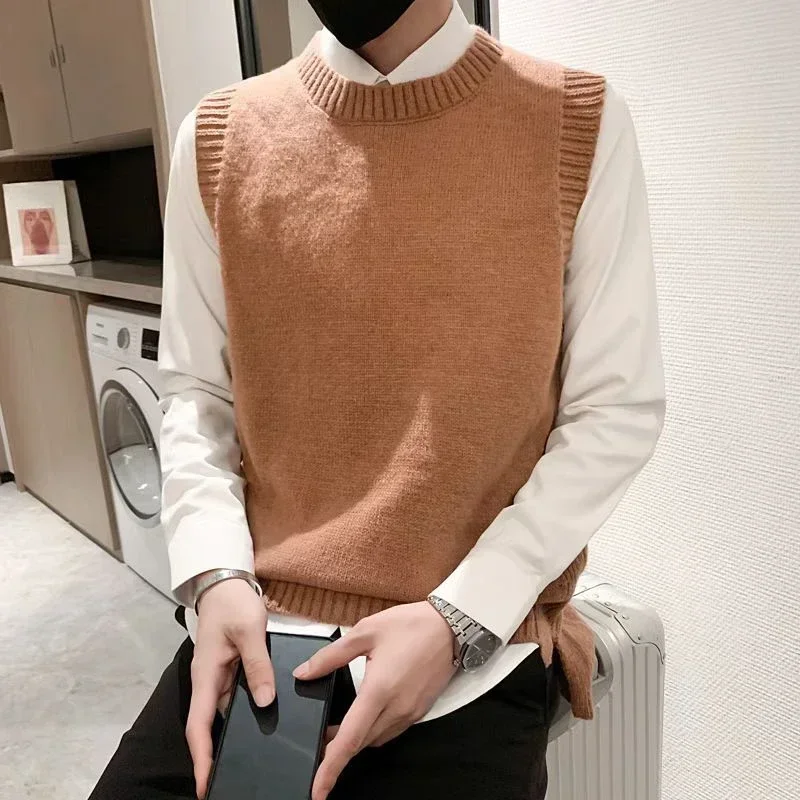 

Men's Clothing Vest Crewneck Knit Sweater Male Waistcoat Green Slit Sleeveless Round Collar X Mode Cheap Korean Style Overfit V