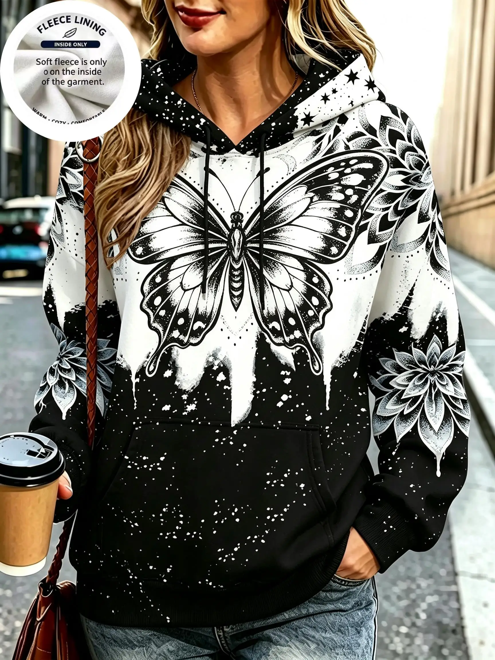Women Boho Mandala Butterfly Fleece Hoodie, Black White Splash Ink Gradient Star Graphic Hooded Sweatshirt