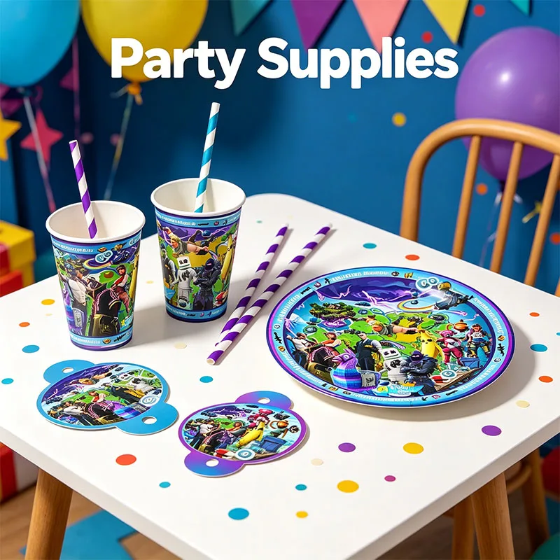 Fortnight-Themen Pappteller, Becher und Strohhalme Set für Gamer-Geburtstagsdekoration, Gaming-Party Tischgeschirr-Sets und Arrangements – Detail 5