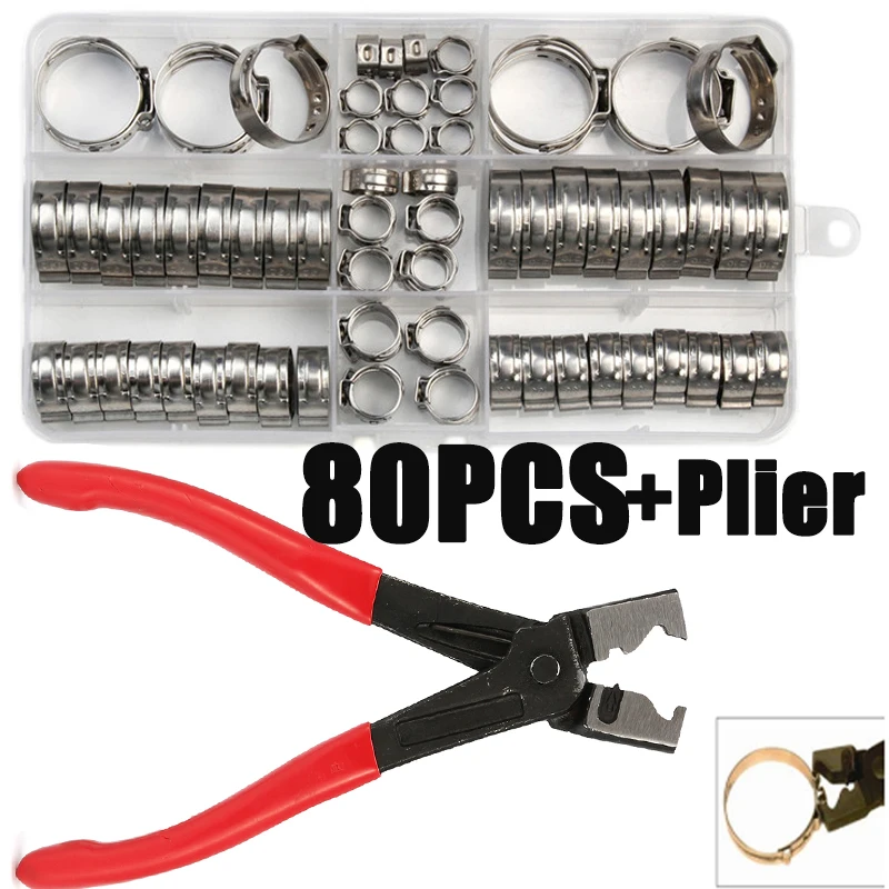 130/80/45pcs Stainless Steel Ear Stepless Clamp Worm Drive Fuel Water Hose Pipe Clamps Clips+ 1PC Hose Clip Clamp Pliers