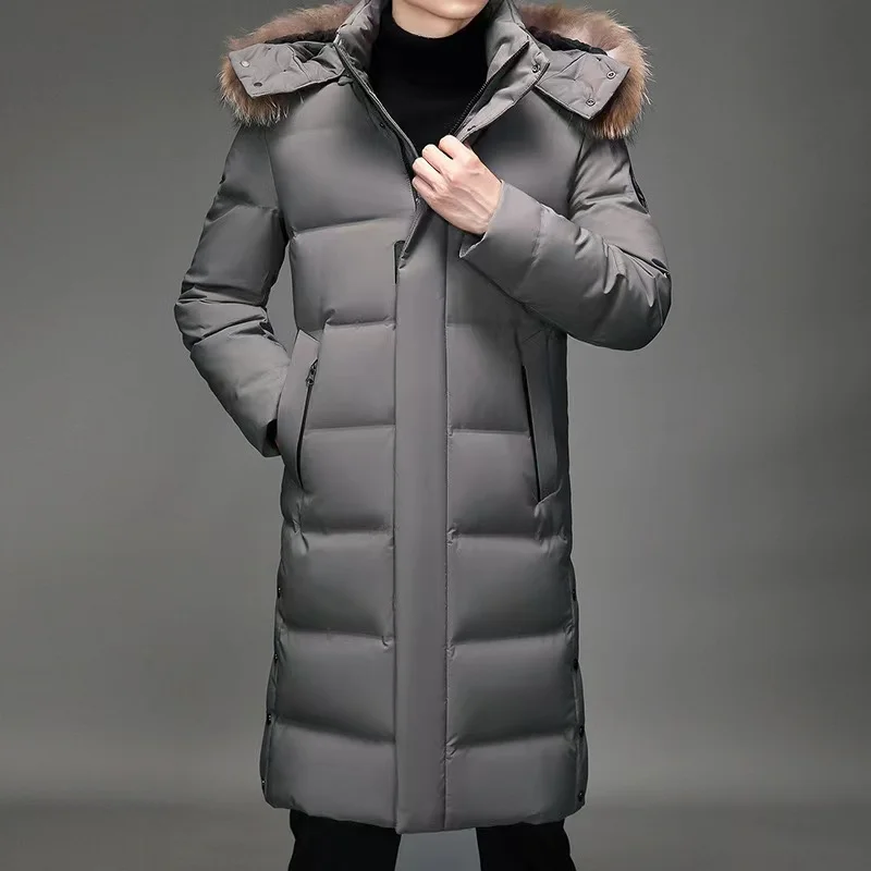 2024 Autumn/Winter New Men\'s Long Hooded Down Jacket with Large Hairy Neck Hat Thickened Cold proof and Warm Down Jacket M-5XL