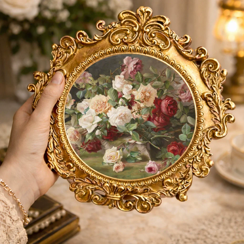 Vintage Frame Round Frame for Picture Embossed Holder Elegantly Table Wall Hanging Decor Small Antique Ornate Gold Frames Gift