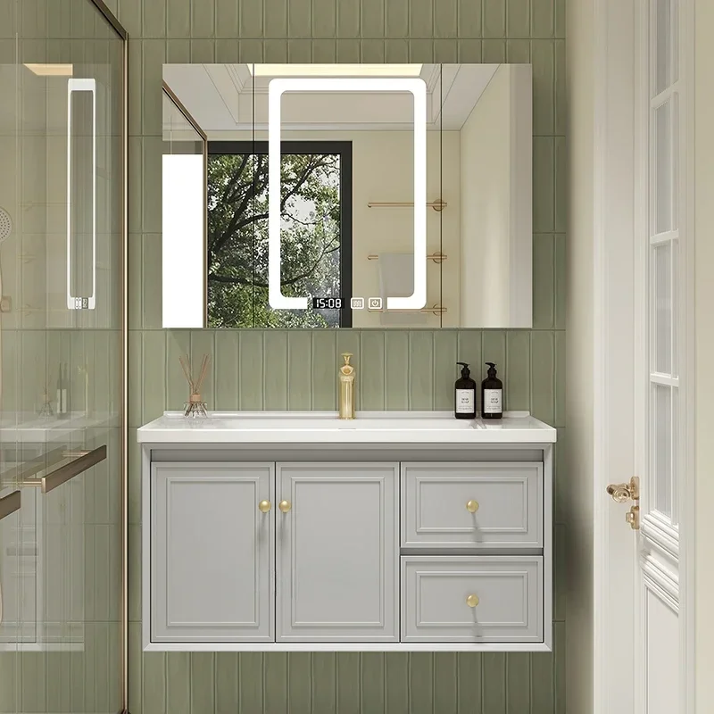 

Wall Bathroom Cabinet Ceramic Integrated Basin Solid Wood Painted Washbasin Bathroom Cabinet Combination Hotel Furniture