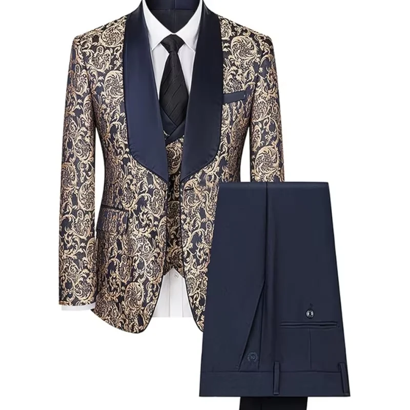 メンズ向けカスタム3ピースペイズリースーツセット |   スリムフィットタキシードジャケット+ベスト+パンツ |   ショールラペル ウェディングブレザー 新郎フォーマル