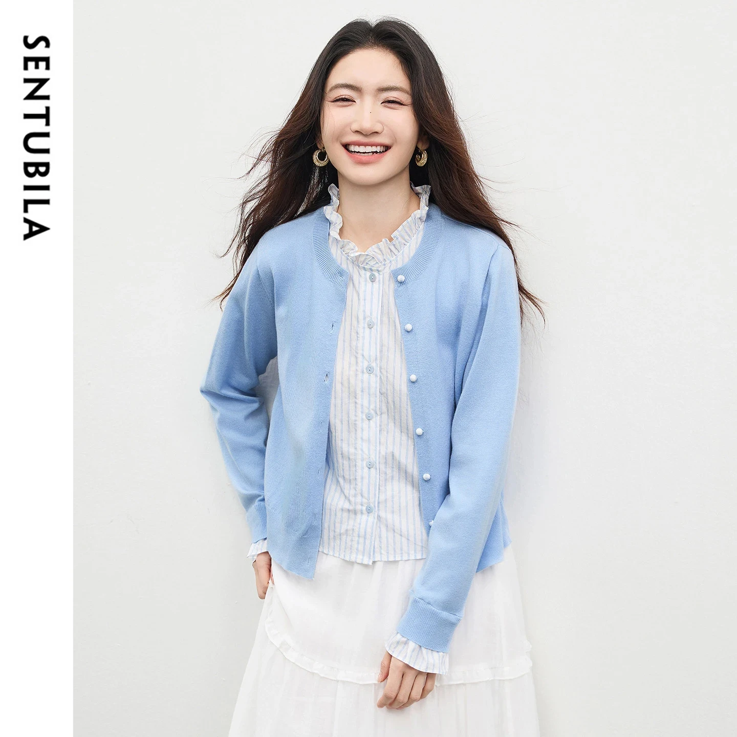 

Женский кардиган SENTUBILA из смесовой шерсти, весна 2026, с воротником-стойкой, имитация двухслойного платья, в полоску, элегантная одежда W61EB5018