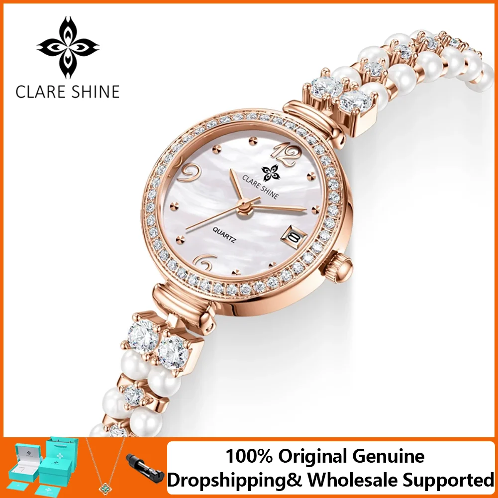 

CLARE SHINE Women's Wristwatch Pearl Series Quartz Women's Watch with Diamond Inlaid Imported Movement Ladies Watch Necklace Set