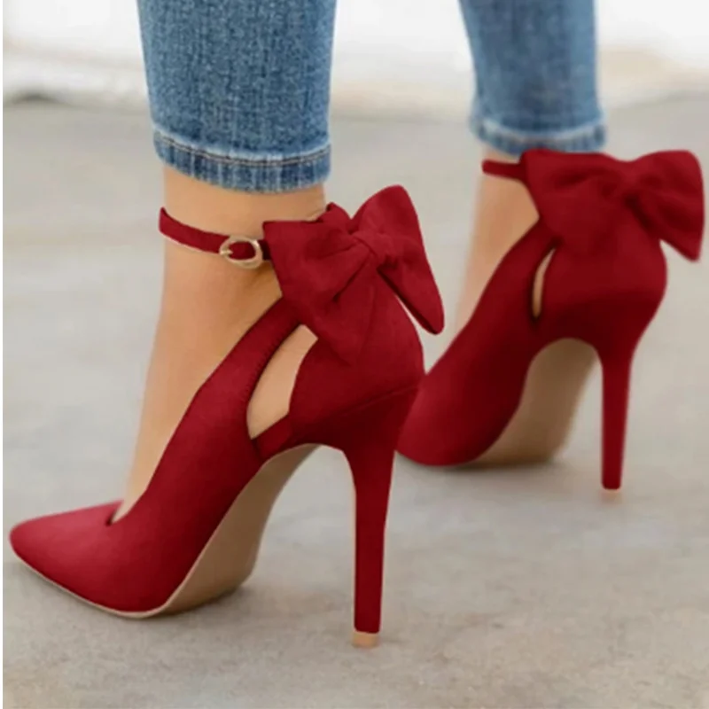 Comem Woman Thin Heel Ladies Sexy Pumps Ladies Buckle Female Fashion Bowknot Shoes Red Plus Size 43 Women Pointed Toe High Heels