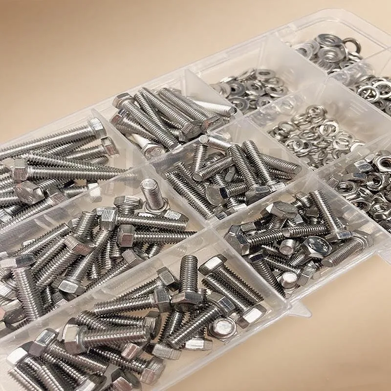 M4/M5 240/480 قطعة مجموعة متنوعة من مسامير الرأس والسداسية المصنوعة من الفولاذ المقاوم للصدأ: خيط كامل، مع غسالات. مكسرات سداسية. مناسبة لـ Va