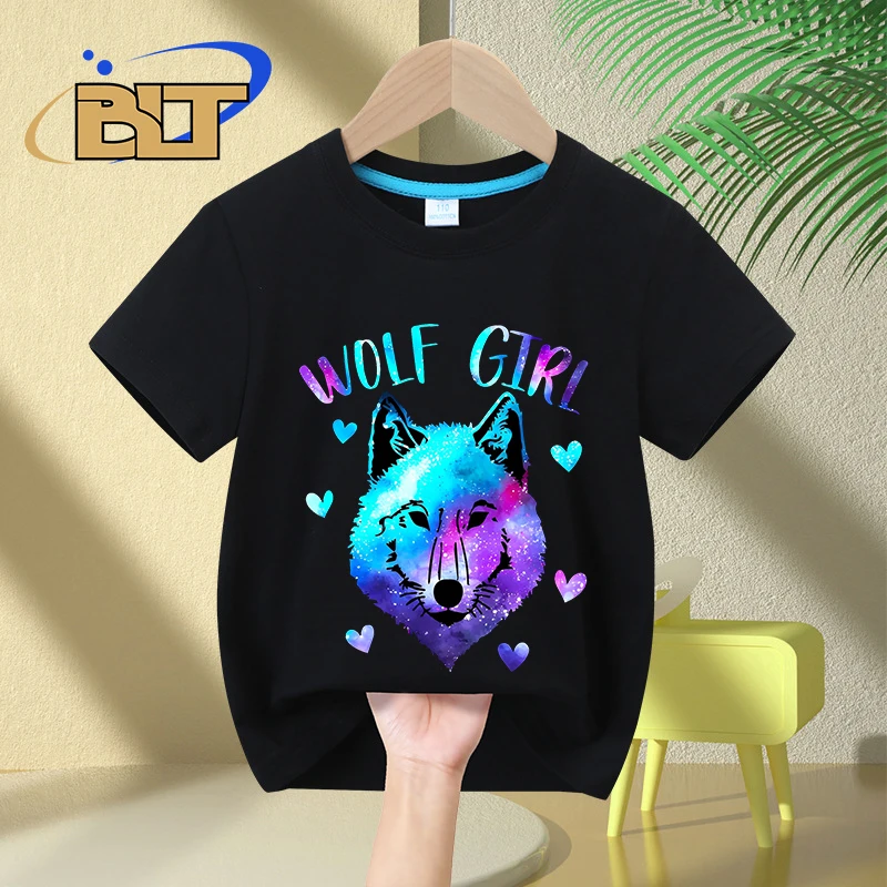 Wolf girl printed kids T-shirt summer children's pure cotton short-sleeved casual top girls gift