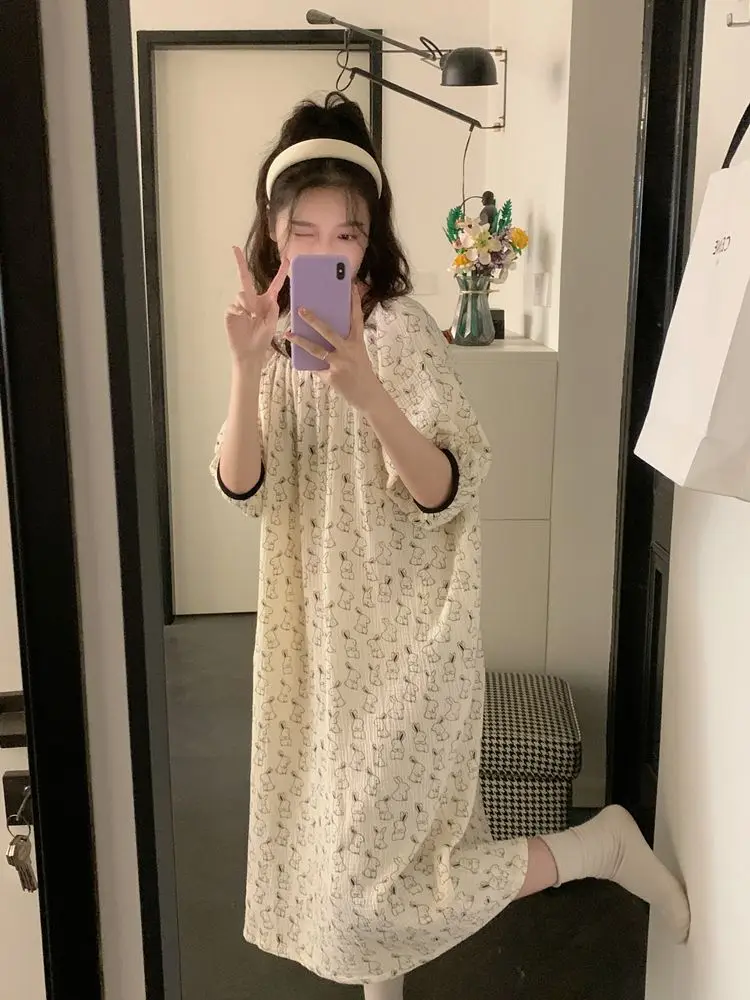 Printed Cotton Pyjamas Nightgown Summer Women Korean Sexy Sleepwear Home Clothes Dresses Loose Nighty for Ladies New