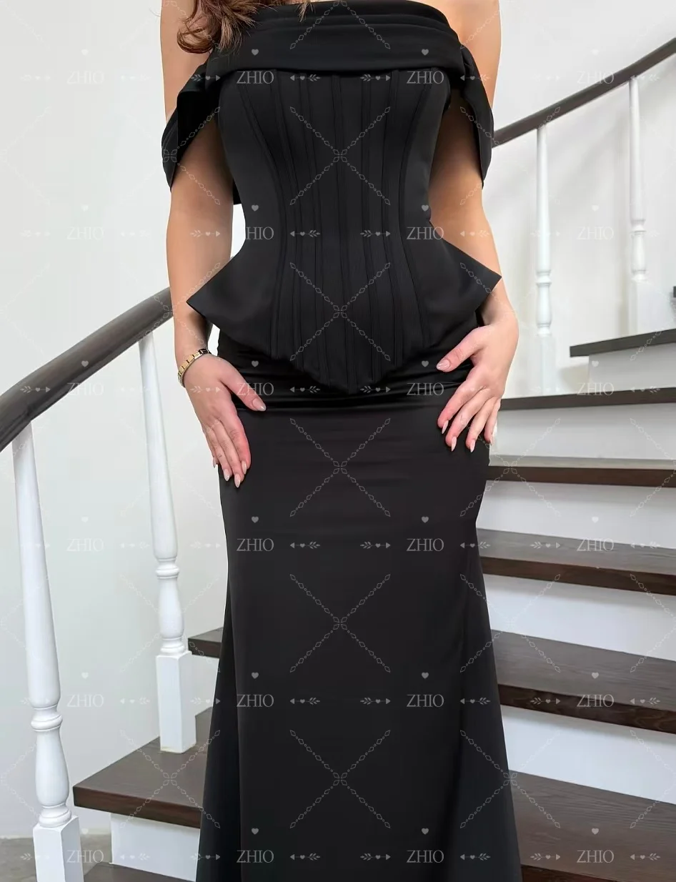 فستان سهرة بحورية البحر باللون الأسود الأنيق من ZHIO بدون أكتاف متدرج بطول الأرض من الساتان العربي السعودي فستان حفلات رسمي مخصص