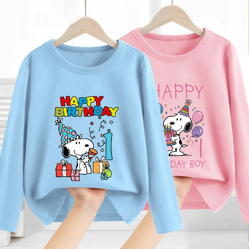 سنوبي الأطفال تي شيرت حفلة عيد ميلاد جولة الرقبة طويلة الأكمام الخريف أزياء الكرتون أنيمي قميص مطبوع الأطفال هدية عيد ميلاد #1