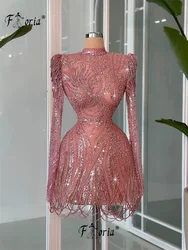 Sparkly Sequin Tassel Cocktail Dress Long Sleeves See Through Short Prom Dresses Pink vestidos para eventos especiales Birthday