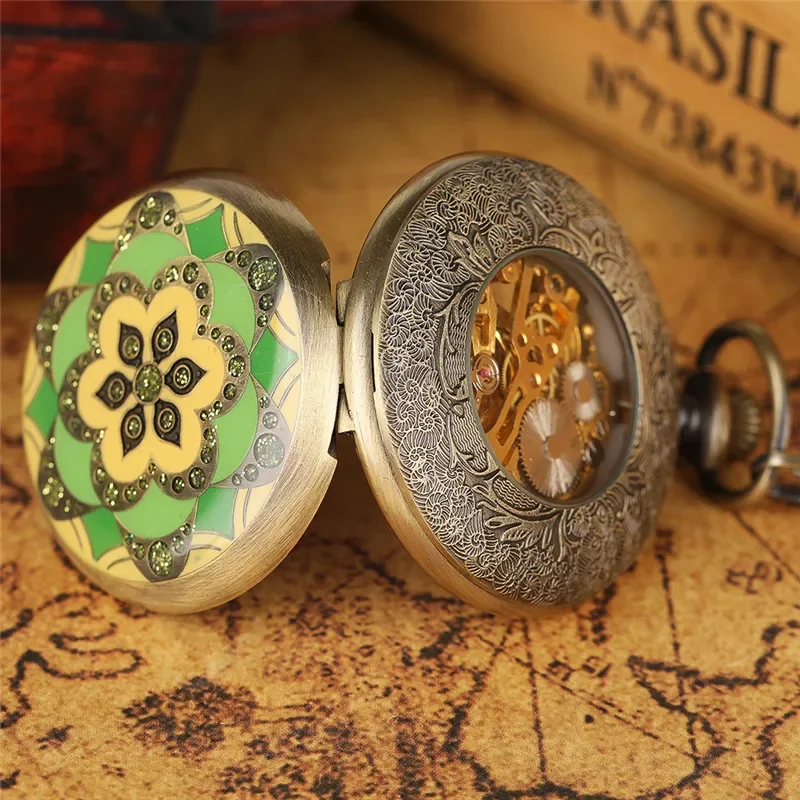 Bronze Green Crystal Flowers Men Women Hand Winding Mechanical Pocket Watch Skeleton Pendant Chain Clock Timepiece Gift