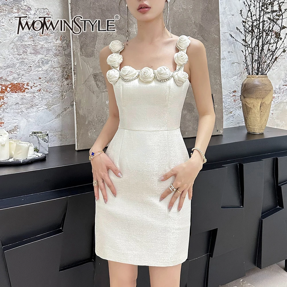 

TWOTWINSTYLE Solid Elegant Patchwork Appliques Dress For Women Square Collar Sleeveless High Waist Mini Dresses Female KDR507351