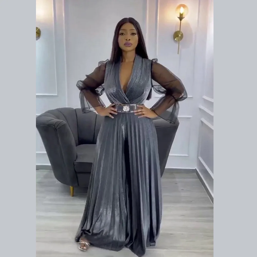 الأزياء المخملية مطوي بذلة واسعة الساق الخامس الرقبة حزام شبكة كم