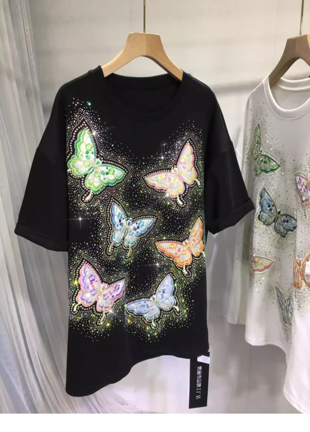 

Plus Size Heavy Casual Hot Drilling T-Shirt Women's Slimming All-Matching Embroidery Butterfly Round Neck Loose Top Summer