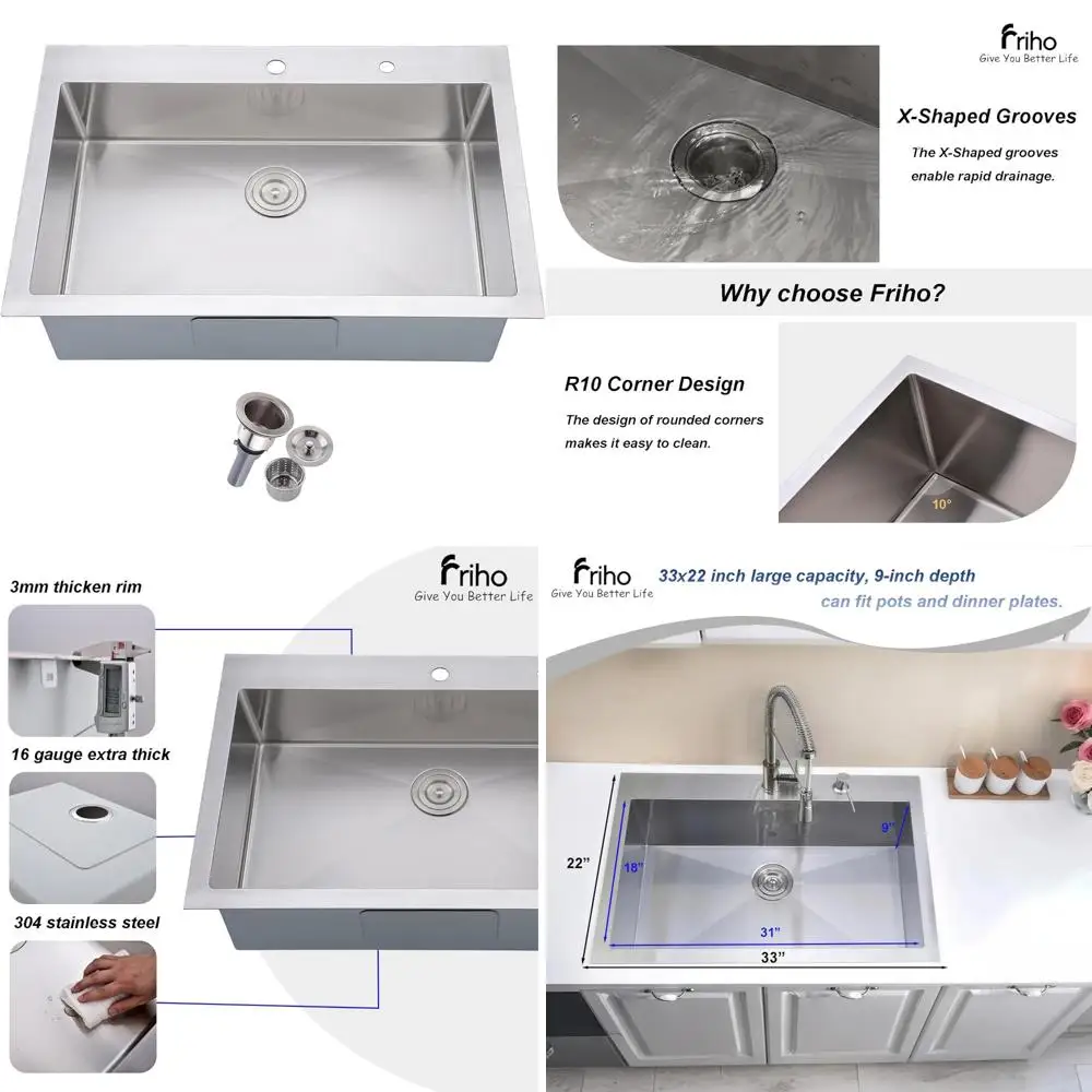 

Friho 33x22 Drop in Kitchen Sink, Top Mount Commercial Handmade 18 Gauge Single Bowl Stainless Steel Sink with Basket Strainer.