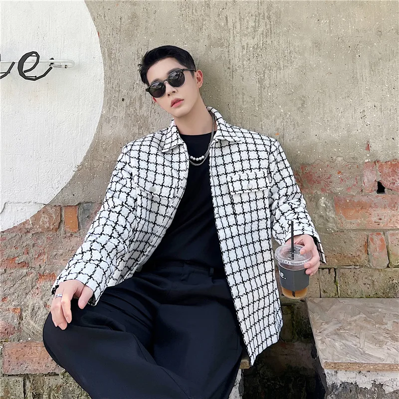 Autumn Winter Men's Fashion Plaid Jacket Coat Turn-down Collar Buttons Woolen Thick Outerwear Clothing Chic Check Shacket Man