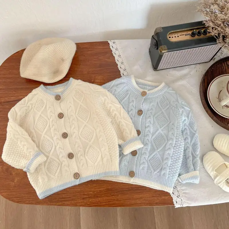 2024 Spring Autumn Fashion Newborn Twist Sweater Suit Boy Girl Baby Knitted Cardigan Long Sleeve Tops + Suspenders Bodysuit 2pcs