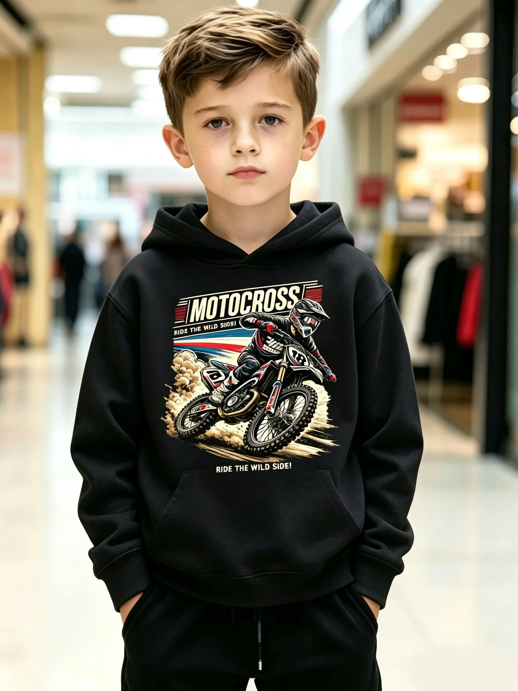 Boys' Motocross-Style Hooded Sweatshirt – New Autumn/Winter Collection – Casual Athletic Print Design