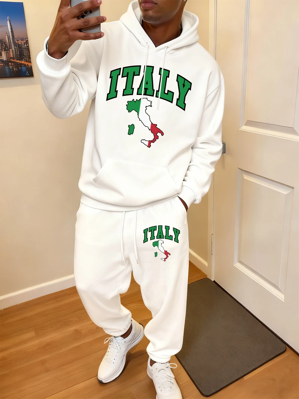 2 قطعة هوديس مجموعة رجالي إيطاليا رسالة وعلم يطبع Sweatpants رياضي فضفاض الصوف الدافئة بلوزات السراويل الخريف جيب الملابس