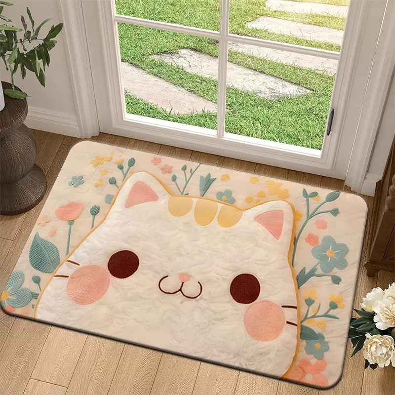 Aesthetic Kawaii Cream Floral Cat Face Flannel Bath Mat Anti-Skid Plush Floor Rug For Kids Bathroom Vanity Cat Lover Gift