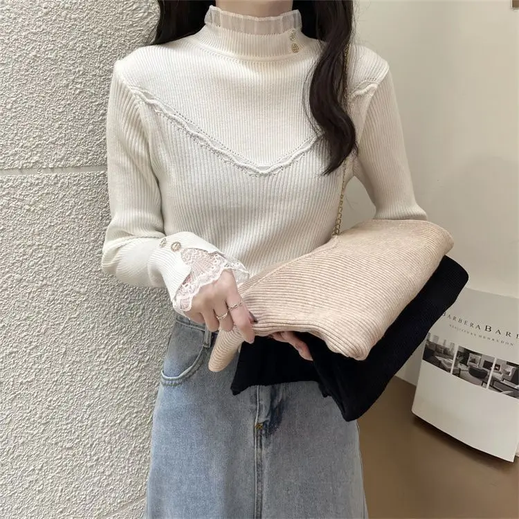 New Lace Spliced Semi High Neck Knitted Sweater for Women with Slim Fit and Inner Lining Design Featuring a Niche and Stylish