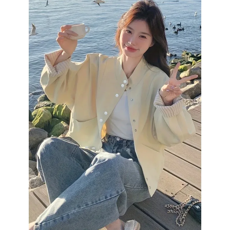 

Women's Solid Color Button Cardigan Spliced Short Jacket Casual Stand Collar Loose Jacket Top