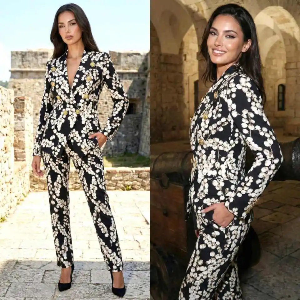 2 Pieces Printed Flowers Women Pants Suits Fashion Show Customized Formal Lady Wear Guest Party Blazer Graduation Ceremony