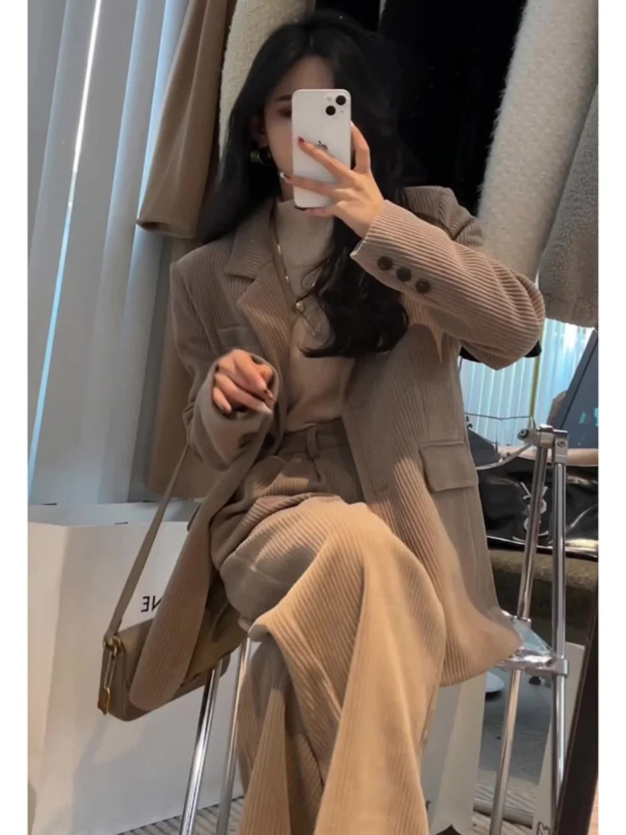 Corduroy Suit Jaet And Wide Leg Pants Two Piece Set Casual Faion High End Women\'s Clothing Salt Series Slimming Ele