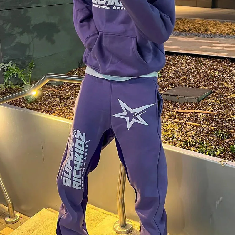 Calças casuais masculinas de perna reta, calças soltas com estampa de letras americanas retrô streetwear