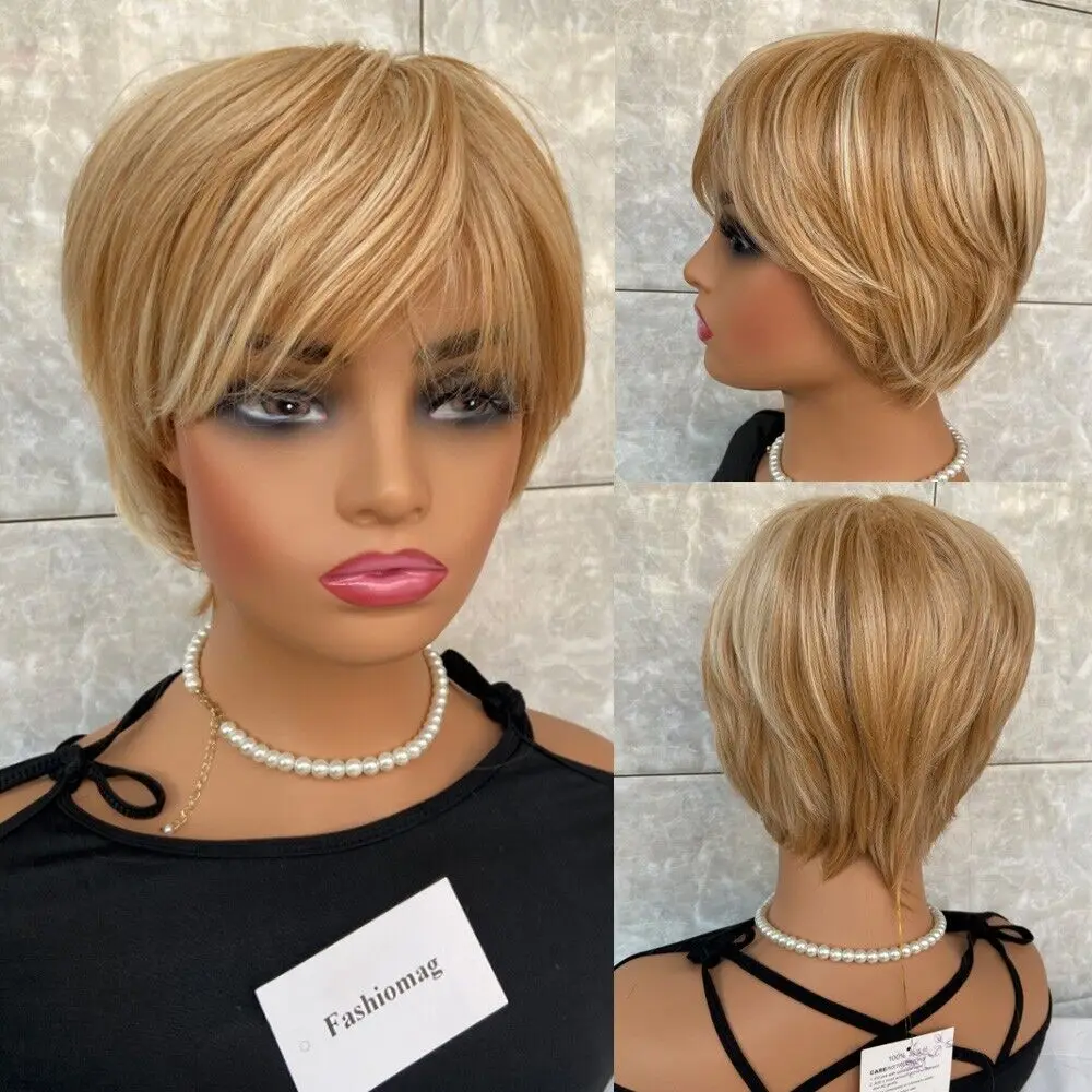 Short Layered Cut Blonde Mix Human Hair Blend Heat Wig Women Soft Natural