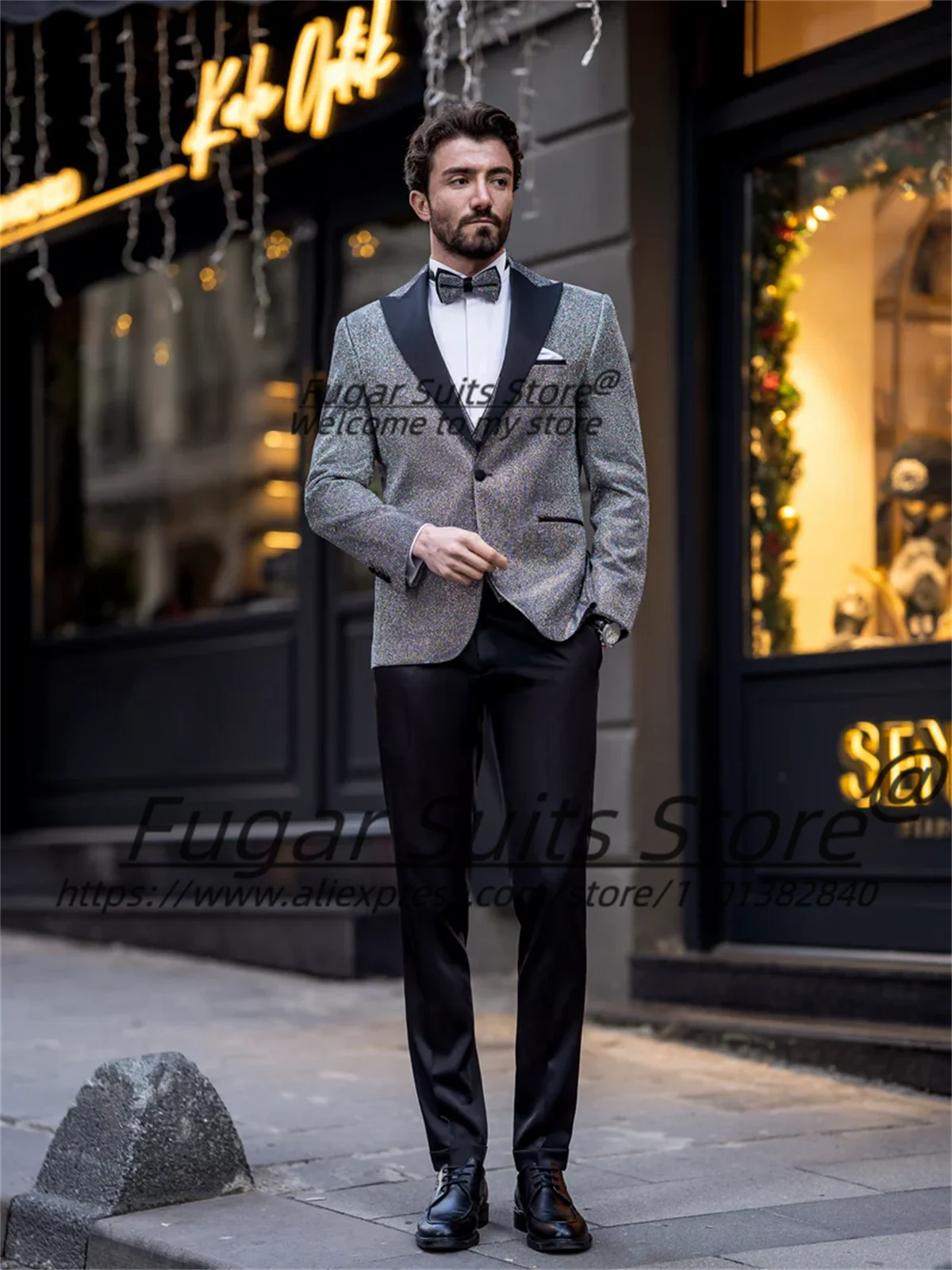 2024 Shiny Gray Prom Men Suits Slim Fit Peak Lapel Groom Wedding Tuxedos 2-częściowe zestawy Elegancki męski blezer trajes para hombre