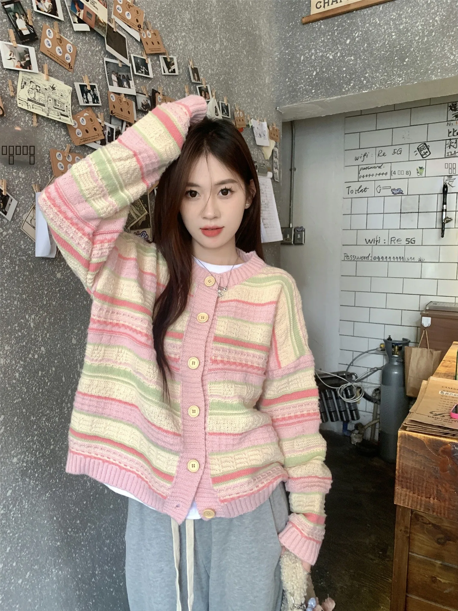 Korean Sle Striped Knitted Sweater Coat Women's Loose Slimming Lazy Sweet Top Autumn New Arrival Single Button Long Sve ...